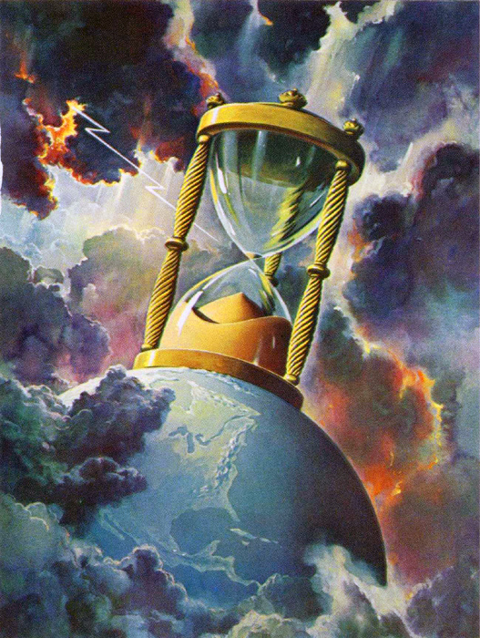 Painting of the world, North America prominently featured, beset by storm clouds and flashes of lightning, with a massive golden hourglass resting on the pole. Its sands have almost run out, down to the last few grains.