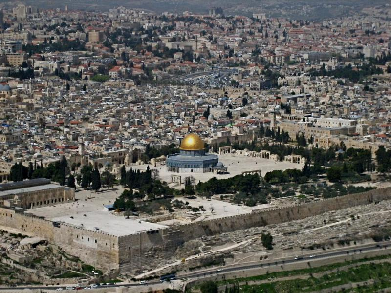 Aerial view of the Temple Mount on Mount Moriah, the current location of Al Aqsa Mosque with its distinctive blue walls and golden dome.