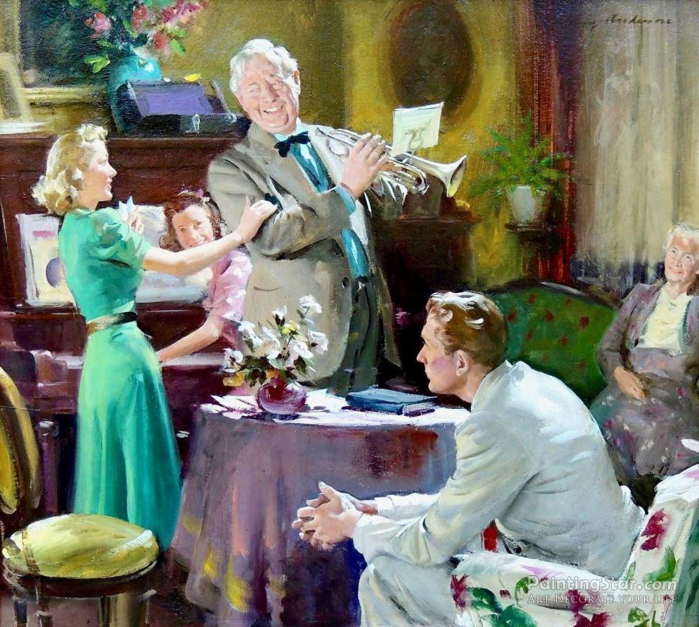 A painting by Harry Anderson. A white family in midcentury garb is gathered in their sitting room. An older gentleman in a gray suit holds up a silver trumpet, a woman stands next to him holding his arm, a young girl sits behind them at an upright piano, a man sits on a couch in front of them, and an old woman sits on another couch to their right.