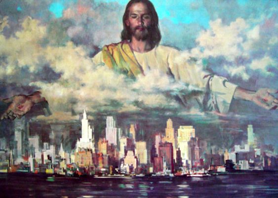 A painting of a modern city skyline, with Jesus in the clouds above, His arms outstretched over the city.