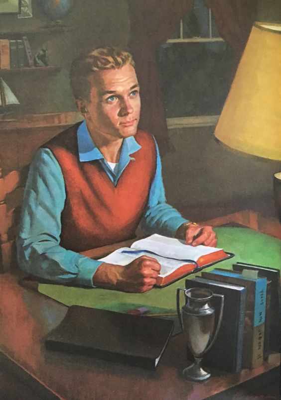 Painting of a young man studying his Bible at a desk by electric lamp light.